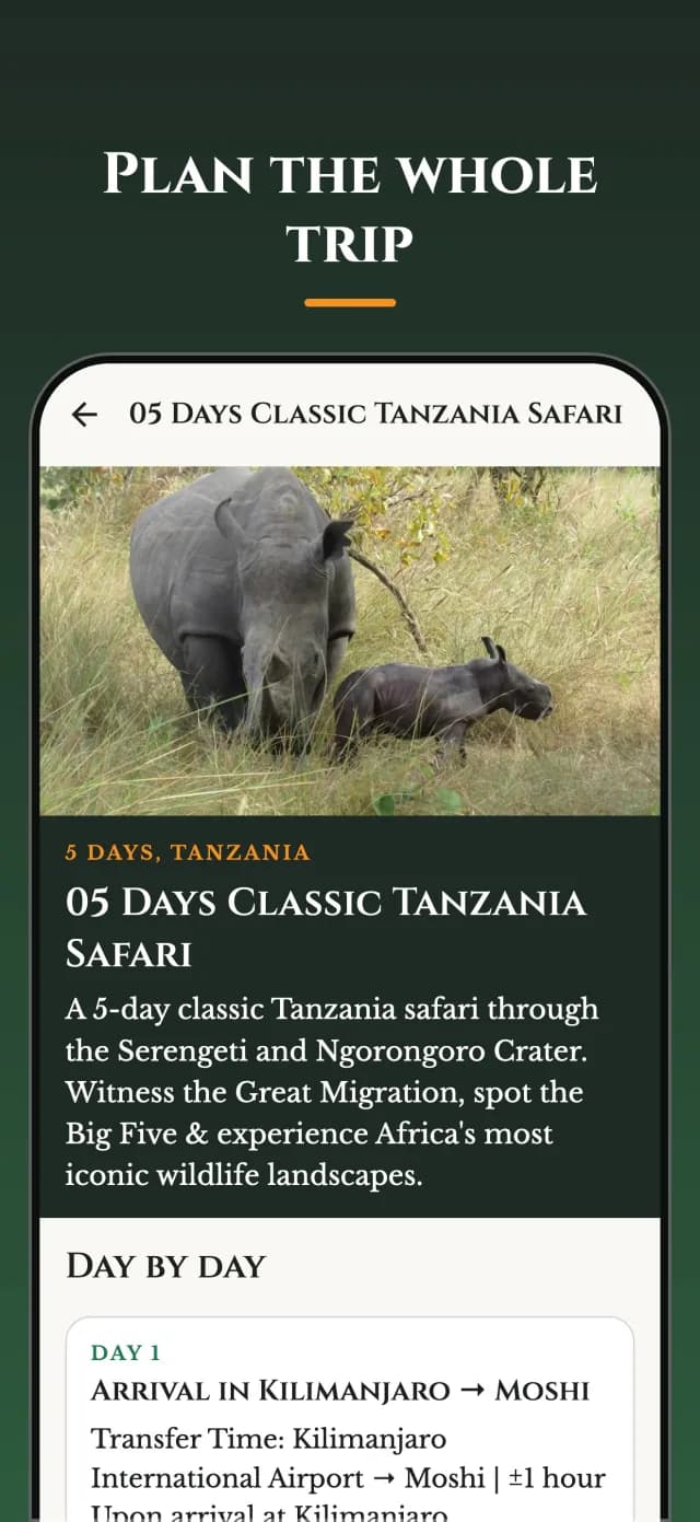 A&H Safari itinerary screen for a five day Tanzania safari, laid out day by day