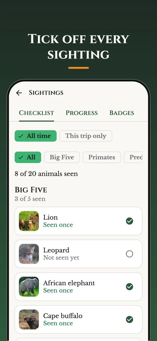 A&H Safari sightings checklist showing which animals have been seen on the trip