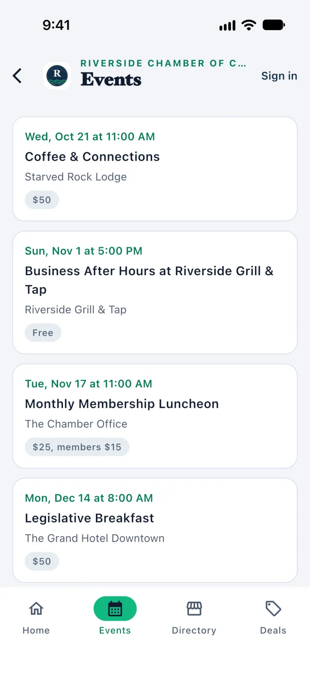 Chamber Culture Events tab listing upcoming chamber events with dates, venues and member and guest prices