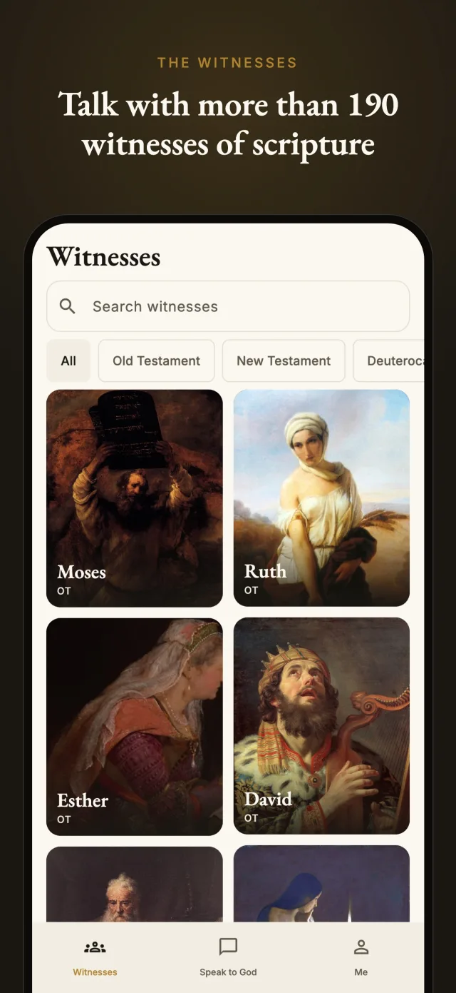 Talk to Scripture witness library showing Moses, Ruth, Esther and David