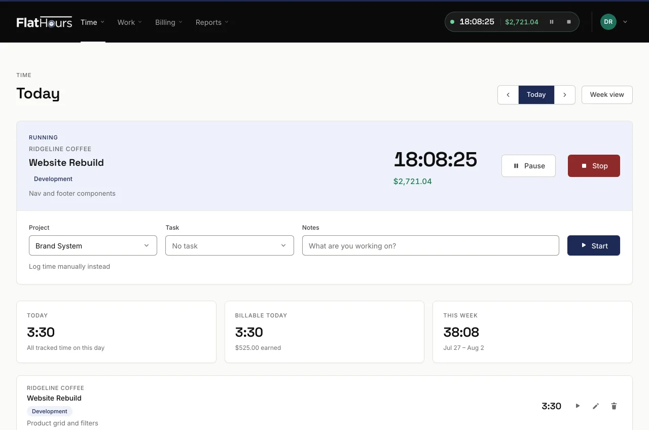 FlatHours time tracking app showing a running timer, billable totals, and the week’s tracked hours